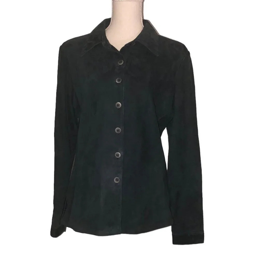 VINTAGE NETO Sz 12 Womens 100% Leather/Suede Black Button Up Long Sleeve Shacket
